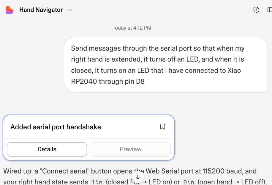 Lovable prompt — adding Web Serial handshake for XIAO RP2040